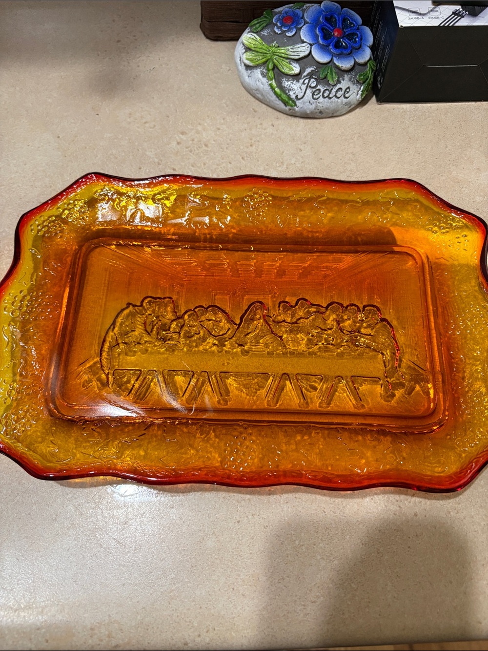 VTG 1970s Indiana Glass Tiara Amberina The Last Supper Platter Tray 11”x7”